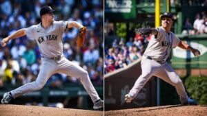 Yankees' pitchers Clarke Schmidt and Nestor Cortes in action against the Cubs in Chicago on September 08, 2024.