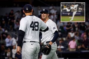 Yankees' Clay Holmes and Anthony Rizzo during the win over the Red Sox at Yankee Stadium on September 12, 2024.