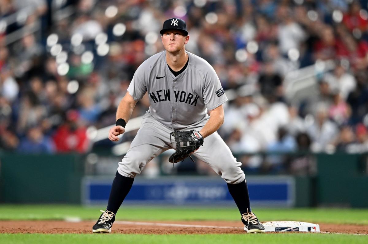 WASHINGTON, DC - AUGUST 28: DJ LeMahieu #26 of the New York Yankees plays first base against the Washington Nationals at Nationals Park on August 28, 2024 in Washington, DC