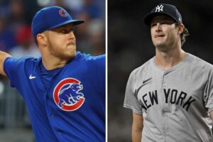 On the right, Gerrit Cole pitches during his dominant nine-inning performance against the Oakland Athletics, wearing his Yankees uniform. On the left, Jameson Taillon, in his Chicago Cubs uniform, publicly defends Cole on social media after recent criticism, highlighting their strong bond as former teammates.