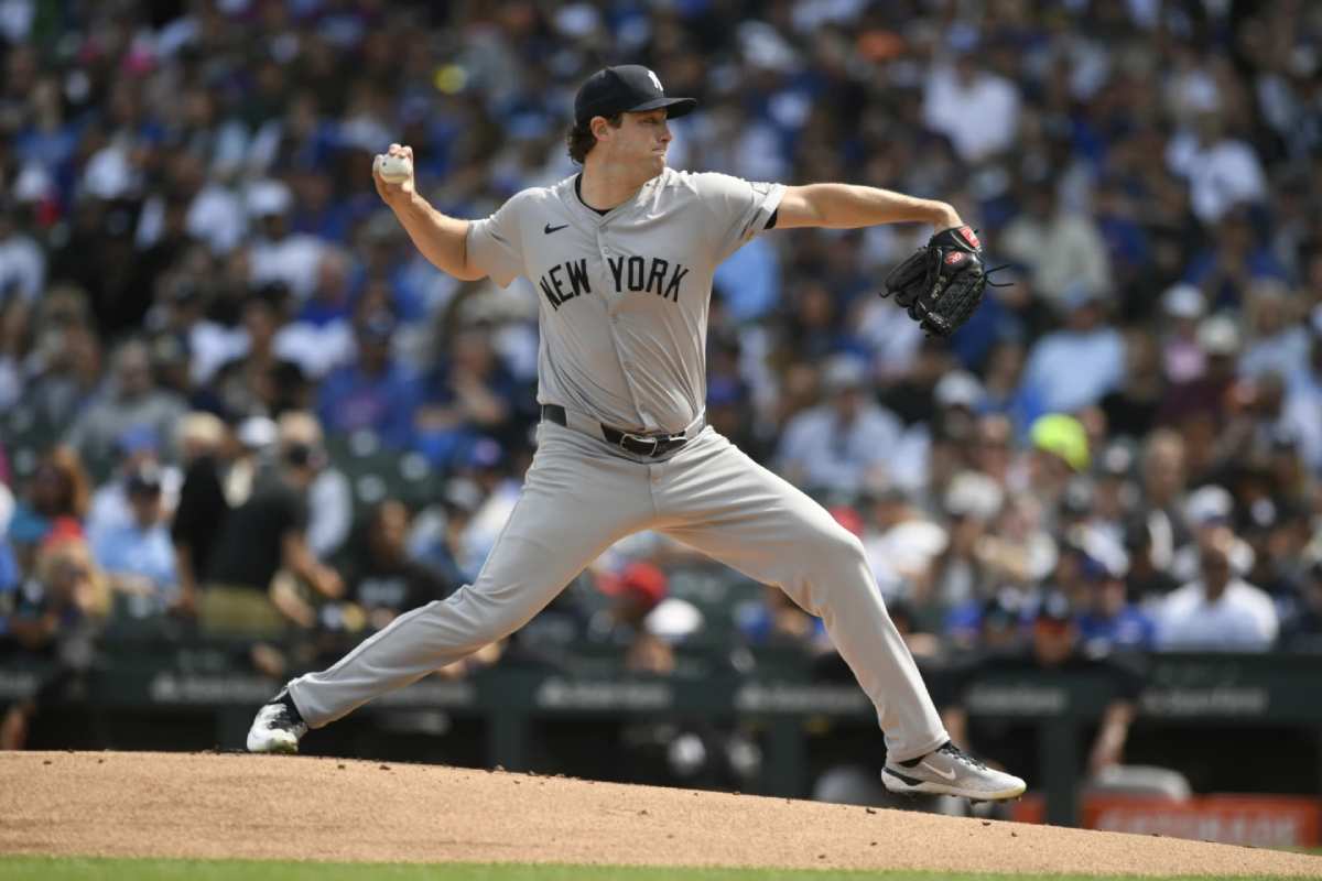 Yankees starter Gerrit Cole delivered a pitch during the game against the Chicago Cubs on September 8, 2024.