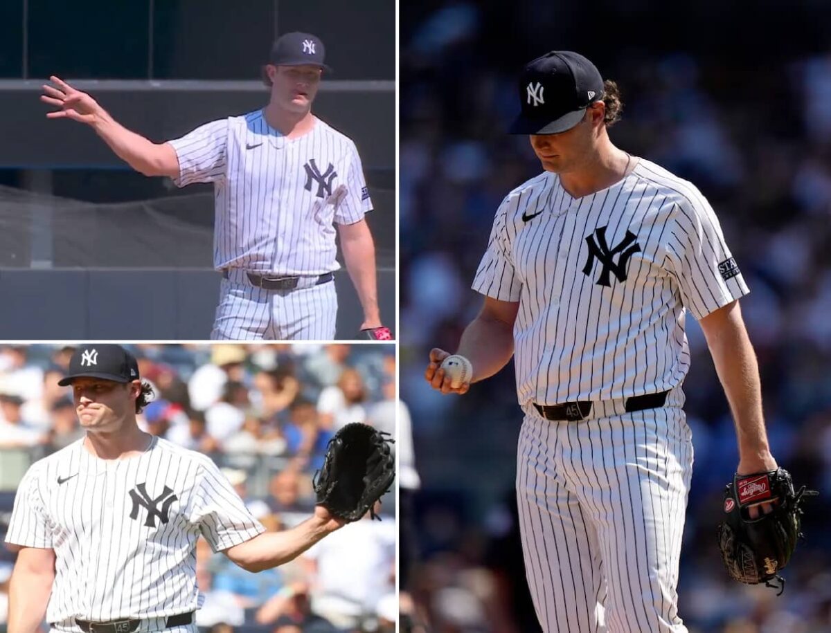 Yankees ace Gerrit Cole signals before walking Red Sox’s Rafael Devers and then reacts after he hit him for a two-run single on Sept. 14, 2024, in New York.