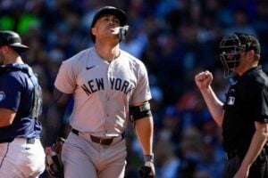 Giancarlo Stanton reacts after striking out during the Yankees' loss to the Mariners on Sept. 19.