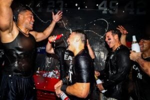 Giancarlo Stanton celebrates after the Yankees clinched the AL East crown with win over the Orioles in the Bronx on Sept 26, 2024.