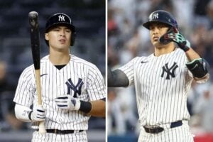 Collage featuring Giancarlo Stanton and Anthony Volpe. Stanton has been benched for the second consecutive game due to his struggles in September, while Volpe, after a brief rest, is back in the Yankees' lineup as the team's shortstop.