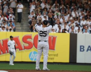 Gleyber Torres waves at Yankees fans at Yankee Stadium in August