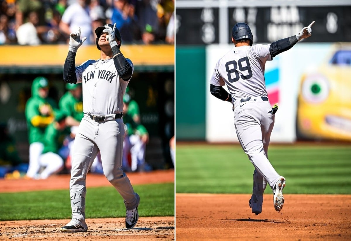 Yankees' top prospect Jasson Dominguez celebrates after a base stealing against the A's in Oakland on Sept. 223, 2024.