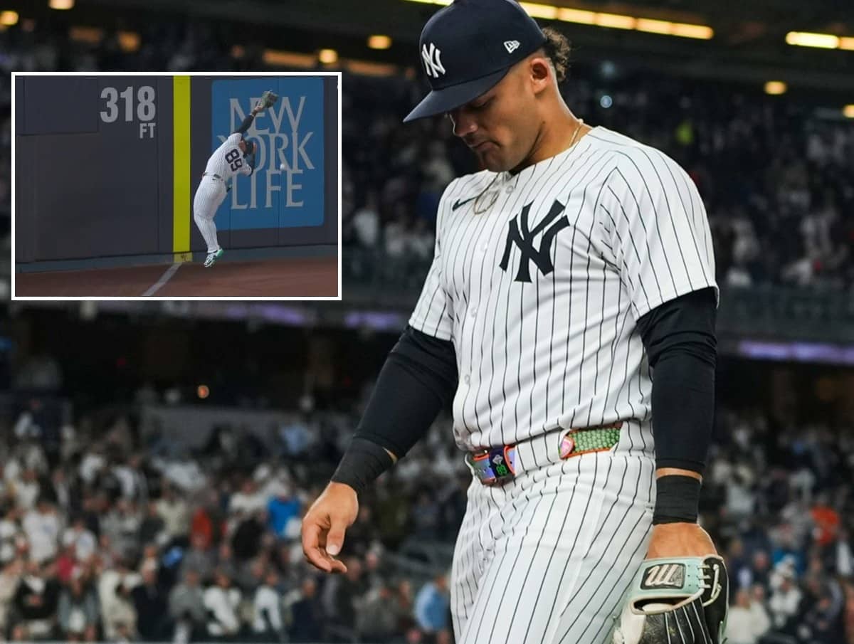 Yankees' Jasson Dominguez leaves field after first innings where he committed a costly blunder against the Orioles at Yankee Stadium on Sept. 25, 2024.