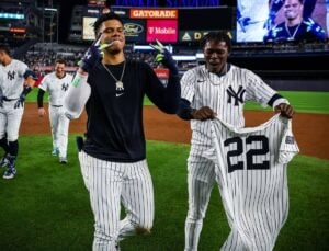 Jazz Chisholm and Juan Soto celebrate after the latter's walk-off hit help the Yankees beat the Red Sox at Yankee Stadium on September 12, 2024.