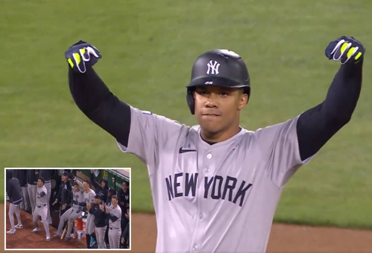 Yankees' Juan Soto celebrates after his double against the A's  at Oakland on Sept. 20, 2024.