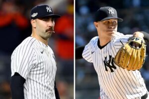 Collage of Yankees relievers Lou Trivino and Jake Cousins. Lou Trivino, who has been shut down for the season due to shoulder issues, is pictured on the left. On the right, Jake Cousins, currently placed on the 15-day injured list with a pectoral strain, stands on the mound in action