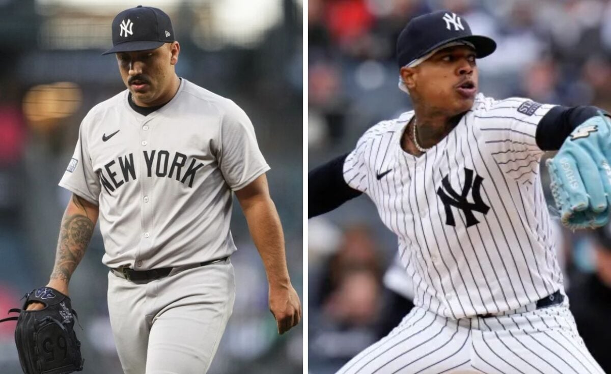 A collage featuring Nestor Cortes mid-pitch in his Yankees uniform on the left, and Marcus Stroman standing on the mound, focused and ready to pitch, on the right