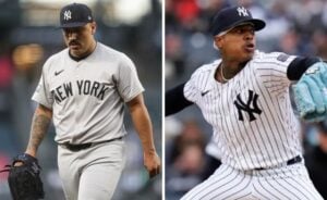 A collage featuring Nestor Cortes mid-pitch in his Yankees uniform on the left, and Marcus Stroman standing on the mound, focused and ready to pitch, on the right