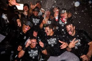 The New York Yankees are in celebration after clinching playoff berth with win over the Mariners at T-Mobile Park on September 18, 2024.