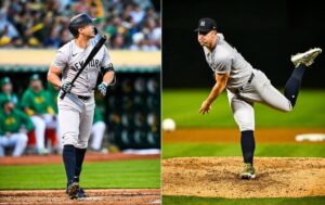 Giancarlo Stanton and Carlos Rodon are in action during the Yankees' 10-0 win over the Athletics in Oakland.