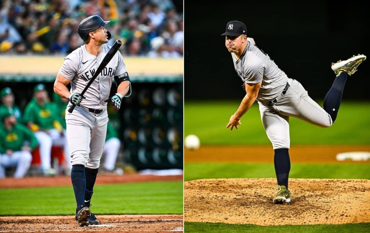 Giancarlo Stanton and Carlos Rodon are in action during the