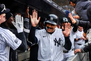 Trent Grisham celebrated in the dugout during the Yankees' win on Sept. 29.