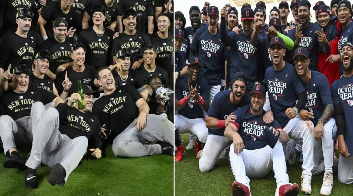 The New York Yankees celebrate their ALCS move, Oct. 10, 2024, in Kansas City, Mo. The Cleveland Guardians celebrate after clinching ALCS berth, Sept. 19, 2024, in Cleveland.