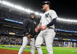 Alex Verdugo is with Marcus Stroman following the Yankees' 6-5 win over the Royals at Yankee Stadium on October 5, 2024.