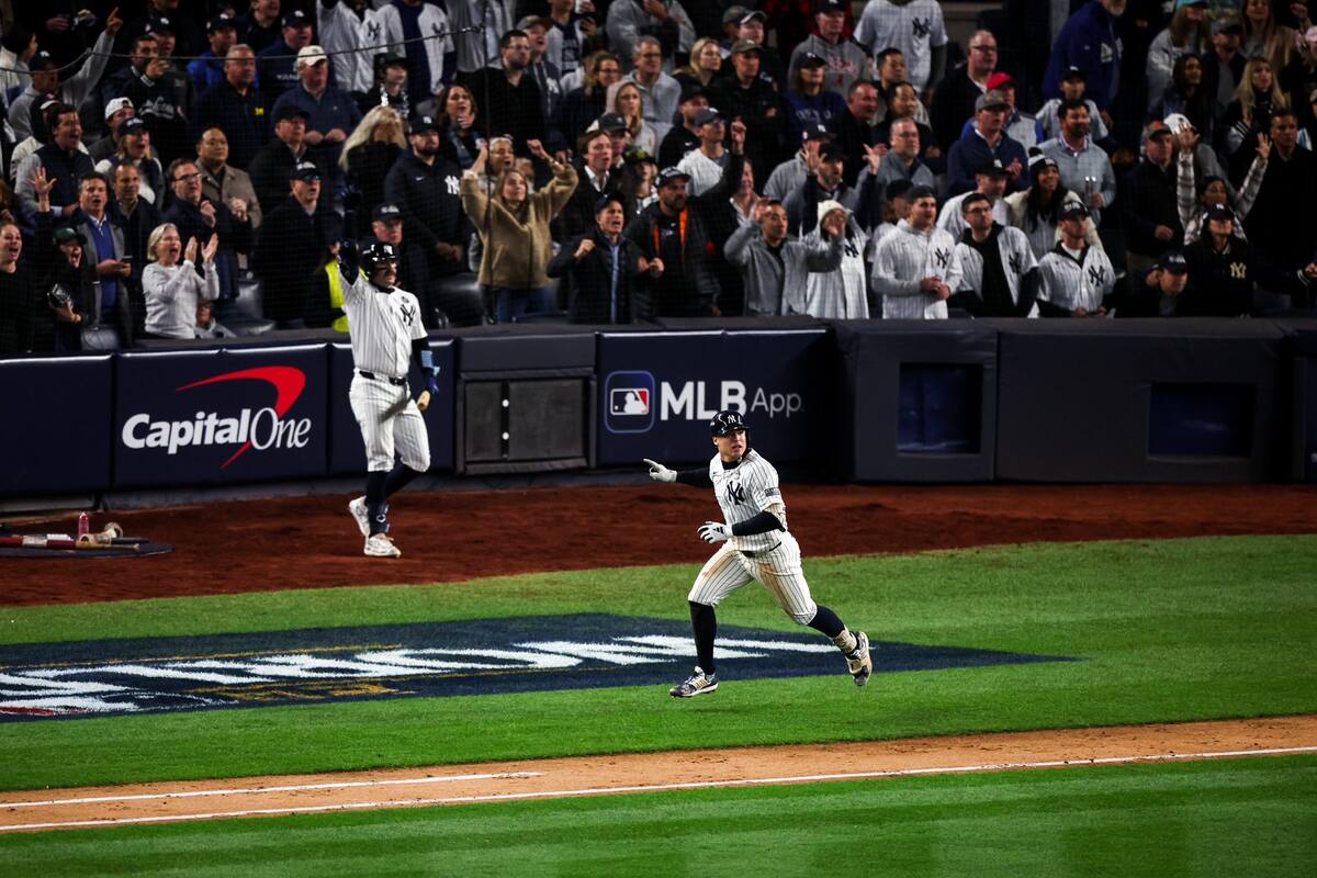 Yankees' Austin Wells reacts to Anthony Volpe's grand slam in the Yankees 11-4 win over the Dodgers at Yankee Stadium on Oct 29, 2024.