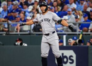 Giancarlo Stanton reacts during the Yankees' 3-1 win over the Royals at Kauffman Stadium on October 10, 2024.