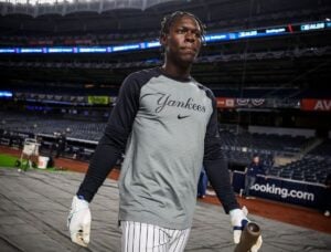 Jazz Chisholm is at Yankee Stadium for the New York Yankees' practice ahead of their playoff, Oct. 1, 2024.