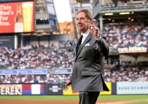 Yankees radio voice John Sterling at Yankee Stadium on April 15, 2024.