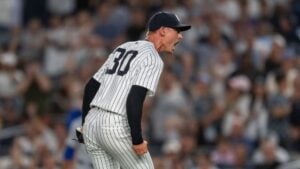 Luke Weaver is in action during the Yankees' 6-5 win over the Royals, Yankee Stadium, Oct 5, 2024