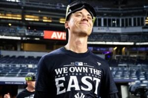 Yankees' closer Luke Weaver at Yankee Stadium after his team win the AL East crown on on Sept 26, 2024.