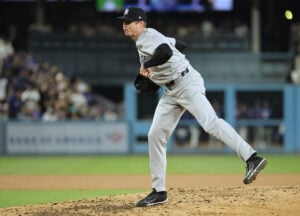 Tim Hill of the Yankees throws a pitch during the sixth inning of Game 2 on Oct. 26, 2024.