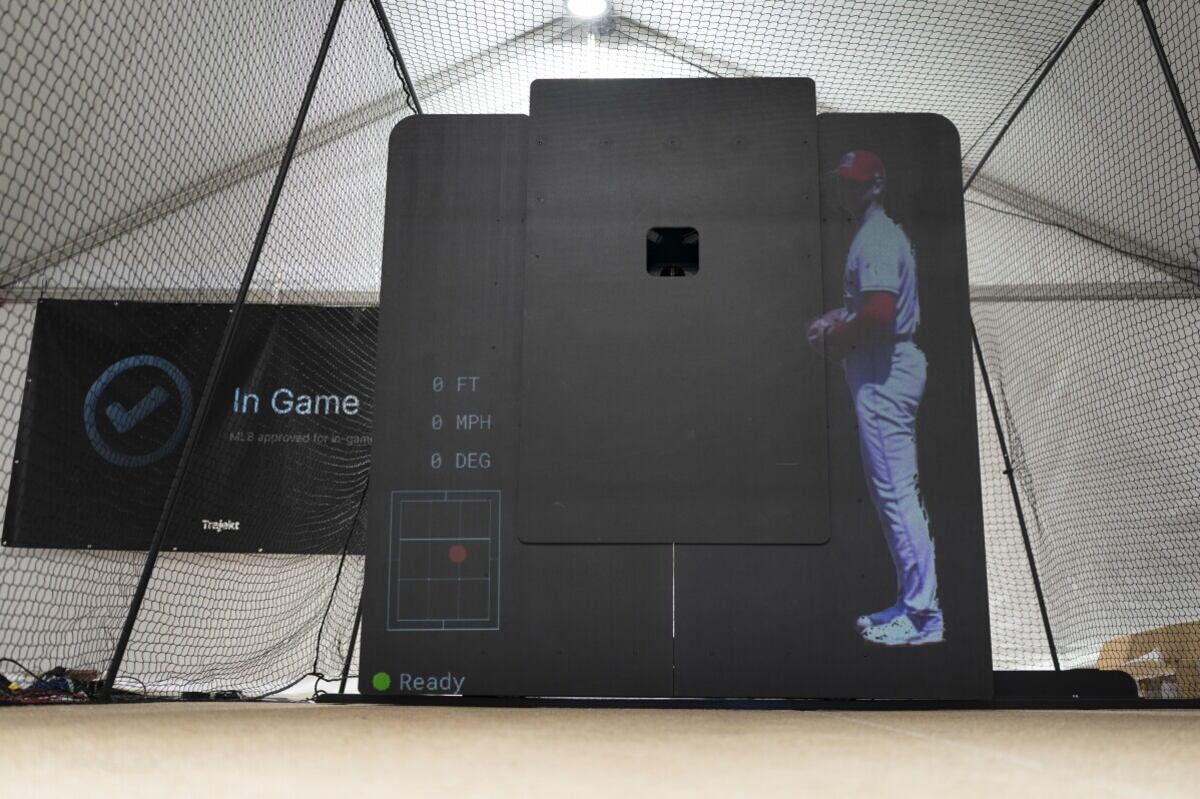 The Trajekt Arc pitching machine is demonstrated during the Major League Baseball winter meetings Wednesday, Dec. 6, 2023, in Nashville, Tenn.