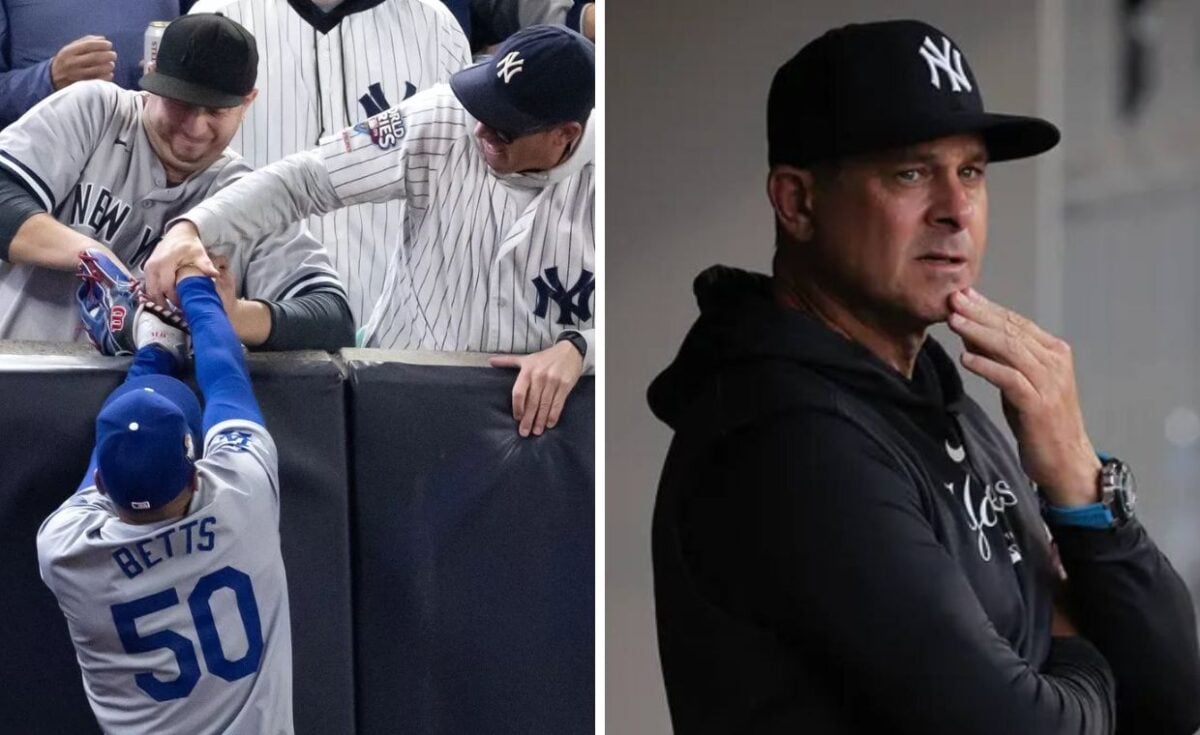 Fans interfere with a foul ball caught by LA Dodgers right fielder Mookie Betts during the first inning in Game 4 of the baseball World Series against the New York Yankees, Tuesday, Oct. 29, 2024, in New York (left). Aaron Boone in 2024 (right).