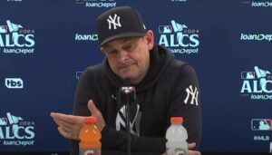 Aaron Boone, the New York Yankees manager, addresses media after the team's ALCS Game 3 loss to the Guardians in Cleveland on October 17, 2024.