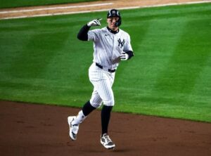 Yankees’ Aaron Judge rounds bases after hitting a two-run home run against the Guardians in ALCS Game 2, Oct. 15, 2024, in New York.