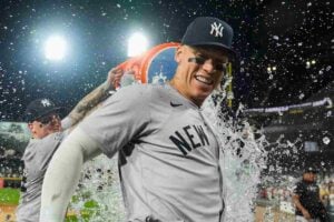 Aaron Judge celebrating after a yankees win in 2024