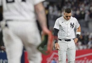 Yankees outfielder Aaron Judge #99 reacts after getting New York Yankees designated hitter Giancarlo Stanton #27 grounds into a double play ending the 8th inning. 3 Yankees outfielder Aaron Judge #99 reacts after getting New York Yankees designated hitter Giancarlo Stanton #27 grounds into a double play ending the 8th inning.