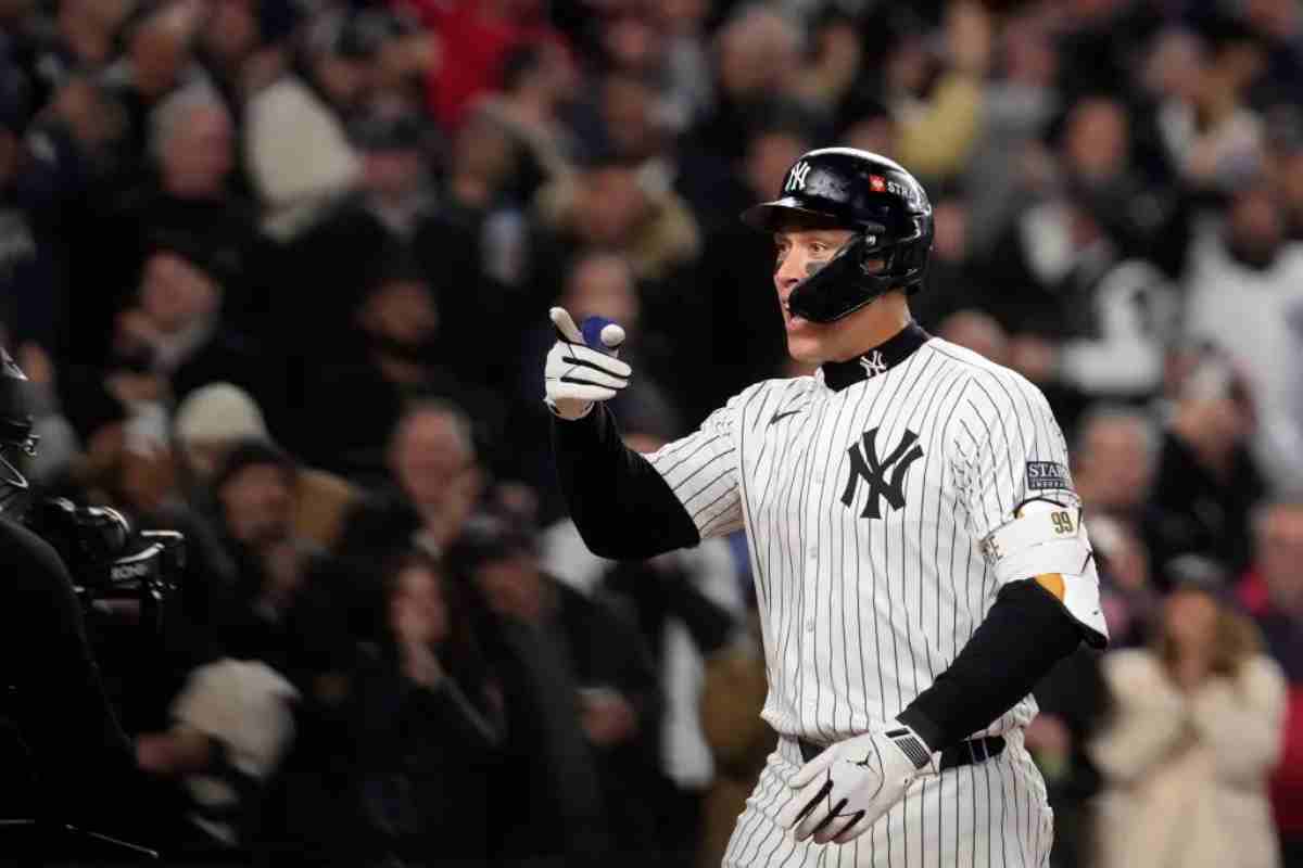 New York Yankees’ Aaron Judge celebrates after hitting a two-run home run against the Cleveland Guardians during the seventh inning in Game 2 of the baseball AL Championship Series Tuesday, Oct. 15, 2024, in New York.