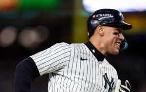 New York Yankees’ Aaron Judge celebrates after hitting a two-run home run against the Cleveland Guardians during the seventh inning in Game 2 of the baseball AL Championship Series Tuesday, Oct. 15, 2024, in New York.