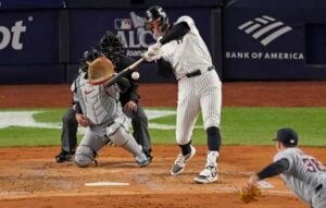 Aaron Judge hits a sacrifice fly of Cade Smith to give the Yankees an early 3-0 lead over the Guardians in Game 2 of the ALCS, on Oct 16, 2024