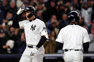 Aaron Judge celebrates his home run in Game 2 of the ALCS.