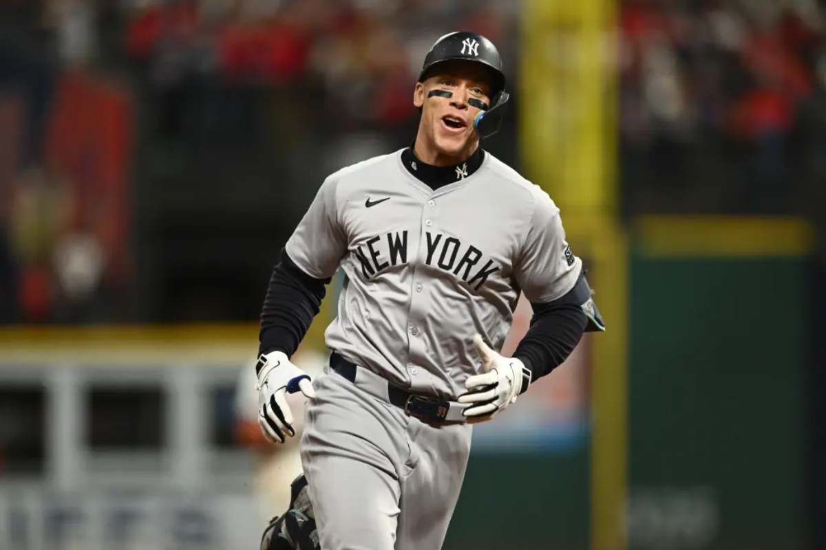 New York Yankees outfielder Aaron Judge (99) rounds the bases after a home run during the eighth inning against the Cleveland Guardians in Game 3 of the American League Championship Series at Progressive Field.