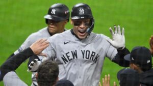 On October 17, 2024, Yankees captain Aaron Judge celebrates after delivering a game-tying, two-run home run in the eighth inning.