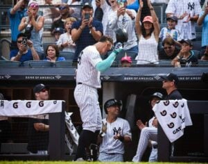 Yankees' Aaron Judge reacts to a curtain call at Yankee Stadium on August 26, 2024.