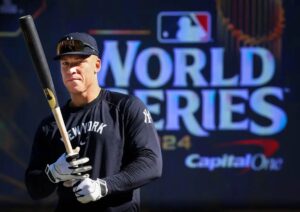 Aaron Judge takes batting practice during a Yankees World Series workout at Yankee Stadium on Oct. 22, 2024.