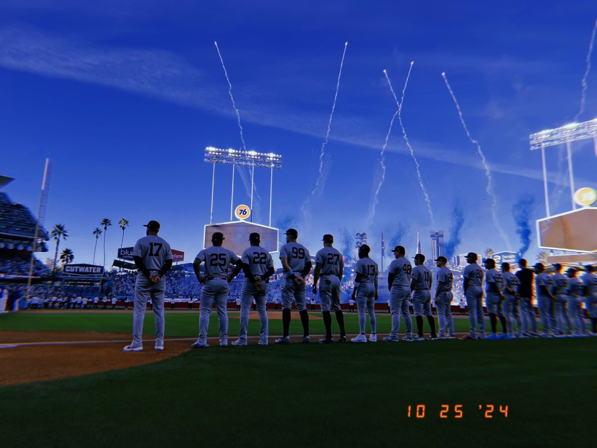 New York Yankees players lined up during the World Series opener on October 25, 2024, at Dodger Stadium