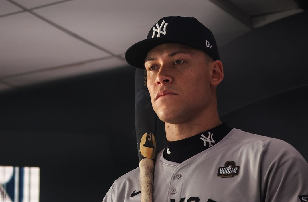 Aaron Judge captured during the Yankees' media day photoshoot in October 2024, gearing up for the World Series.