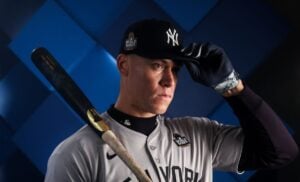 Aaron Judge captured during the Yankees' media day photoshoot in October 2024, gearing up for the World Series.