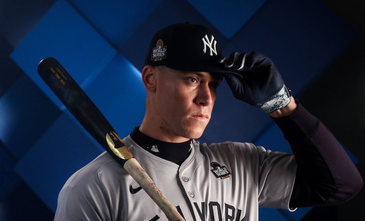 Aaron Judge captured during the Yankees' media day photoshoot in October 2024, gearing up for the World Series.