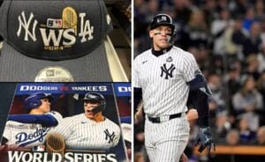 Yankees’ Decision to Sell Dodgers Merchandise Sparks Controversy (right). Aaron Judge walking back to the Yankees dugout after striking out in the first inning on Oct. 28, 2024, with a focused expression as he grips his bat, captured during a crucial postseason game. (left)