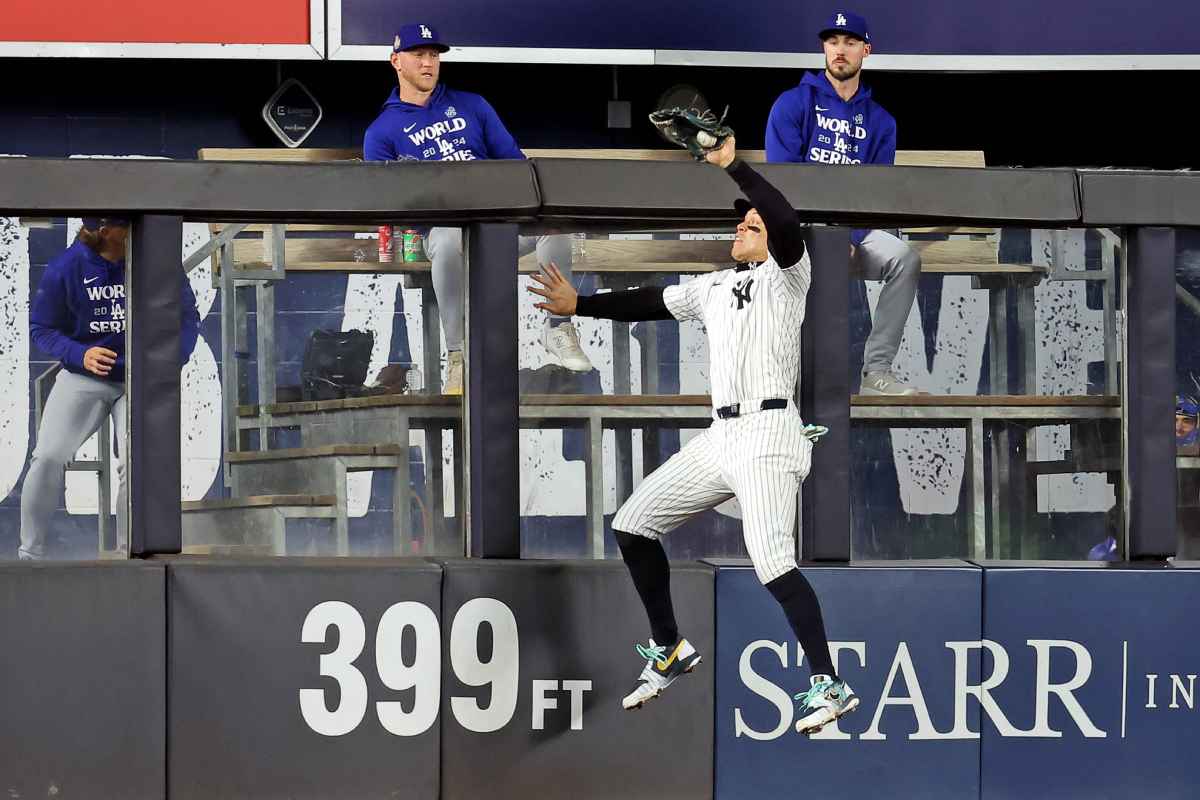 Game 5, Oct. 30, 2024: New York Yankees' Aaron Judge attempts to catch a fly ball during the World Series against the Los Angeles Dodgers at Yankee Stadium.